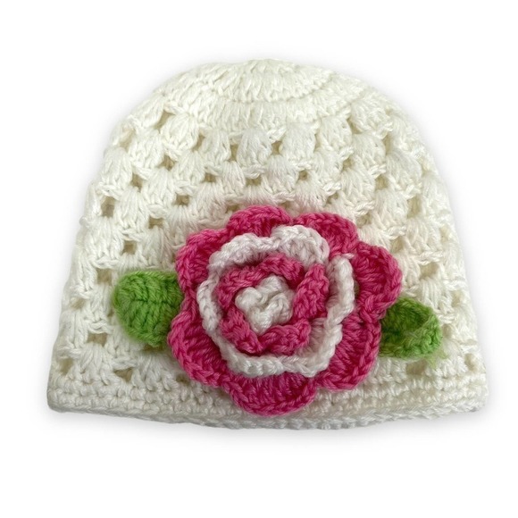 Handmade Hat Girls Crochet Knit Rose Beanie - Picture 1 of 6